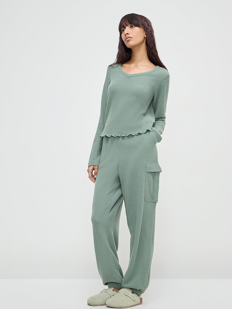 Superstar Green Waffle-Textured Ruffled Top