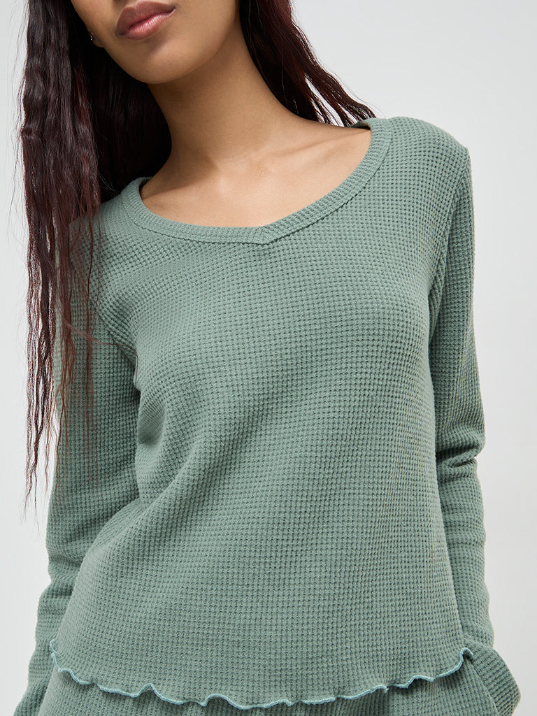 Superstar Green Waffle-Textured Ruffled Top