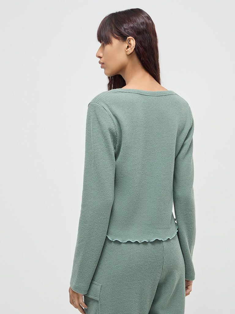 Superstar Green Waffle-Textured Ruffled Top