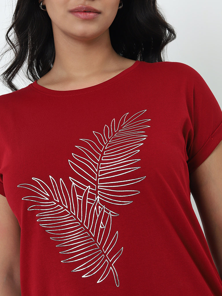 Gia Red Leaf Printed Cotton T-Shirt