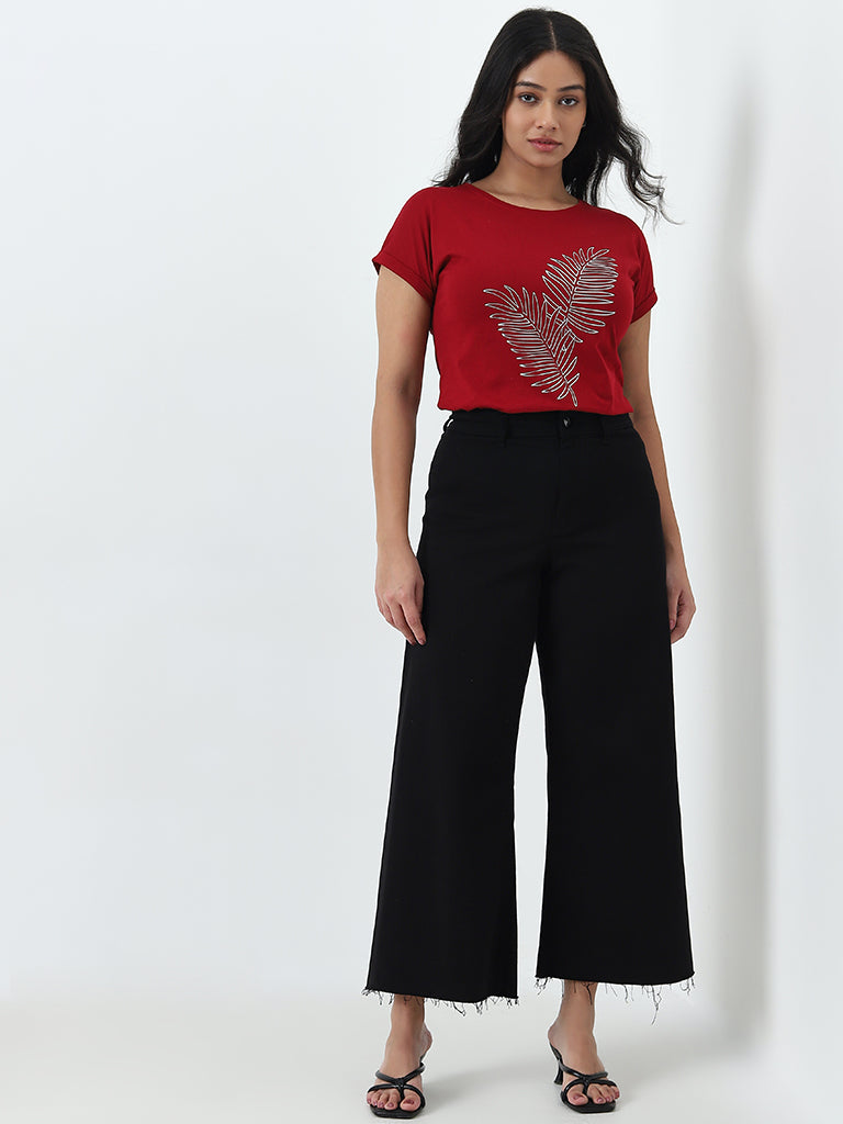 Gia Red Leaf Printed Cotton T-Shirt