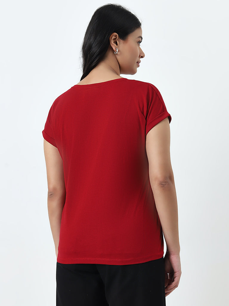 Gia Red Leaf Printed Cotton T-Shirt