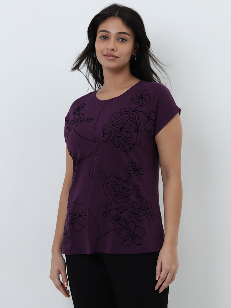 Gia Purple Floral Design Cotton T-Shirt