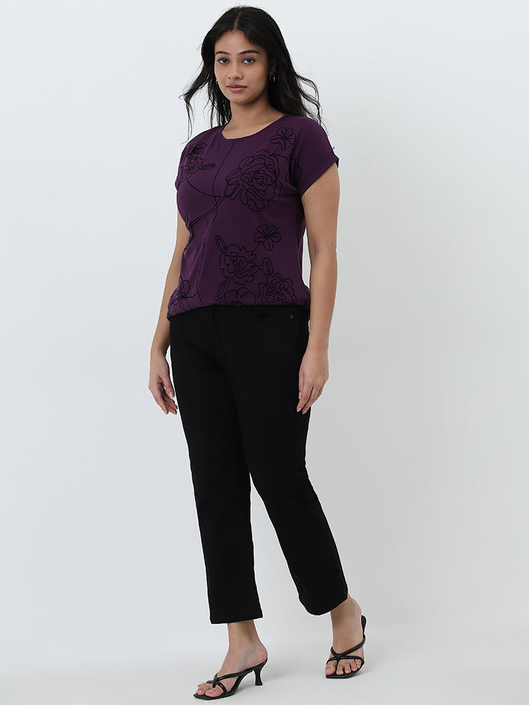 Gia Purple Floral Design Cotton T-Shirt