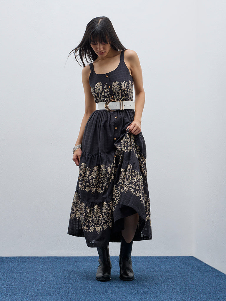 Bombay Paisley Black Paisley Printed Tiered Cotton Dress