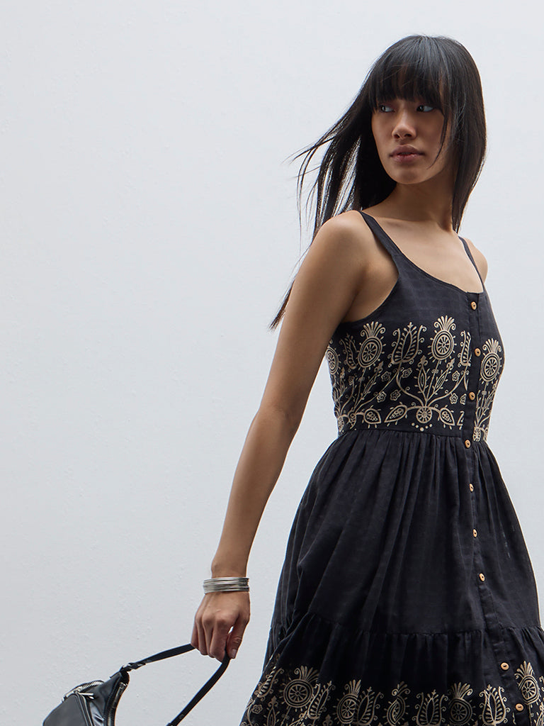 Bombay Paisley Black Paisley Printed Tiered Cotton Dress