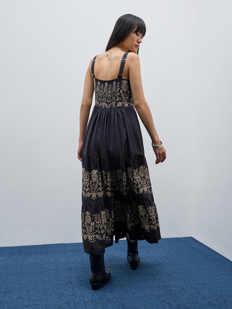 Bombay Paisley Black Paisley Printed Tiered Cotton Dress