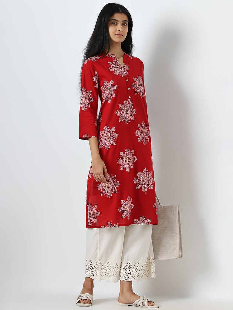 Utsa Red Bandhani Printed Straight Cotton Kurta