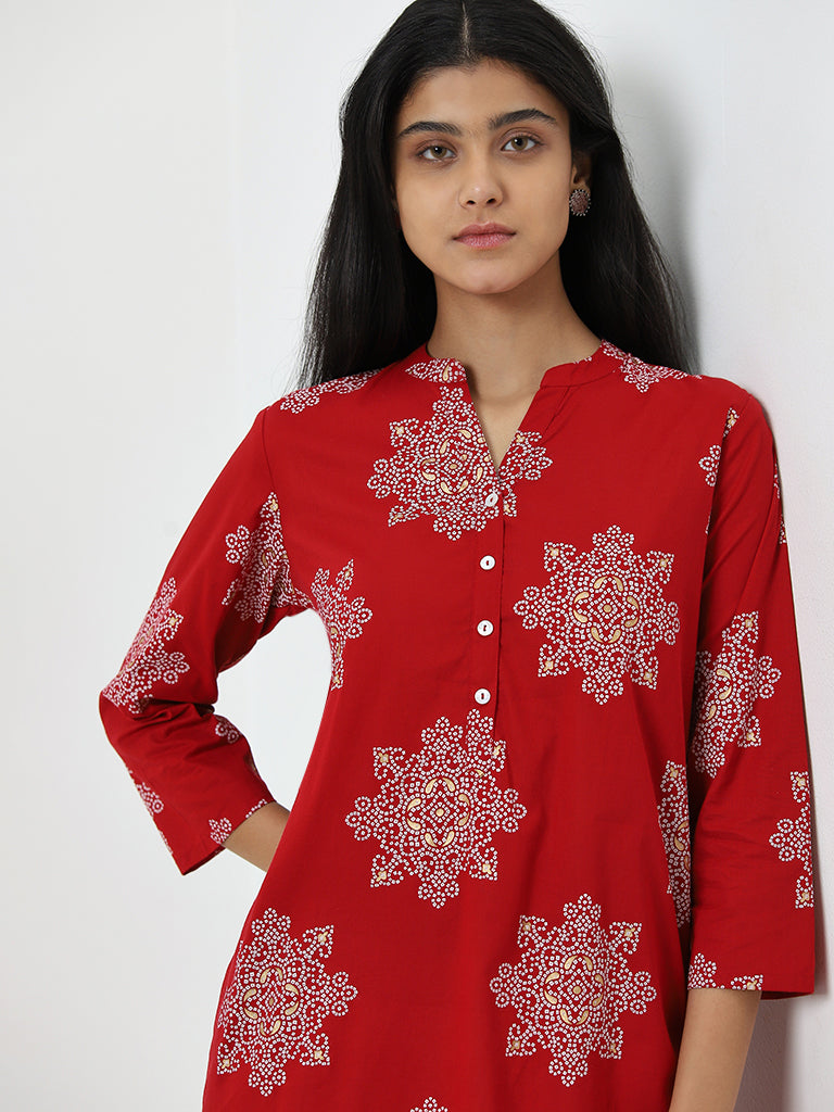 Utsa Red Bandhani Printed Straight Cotton Kurta