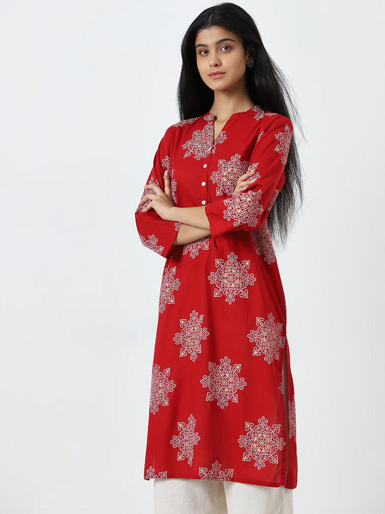 Utsa Red Bandhani Printed Straight Cotton Kurta