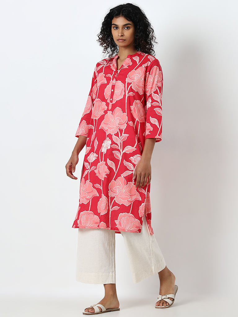 Utsa Pink Floral-Printed A-Line Cotton Kurta