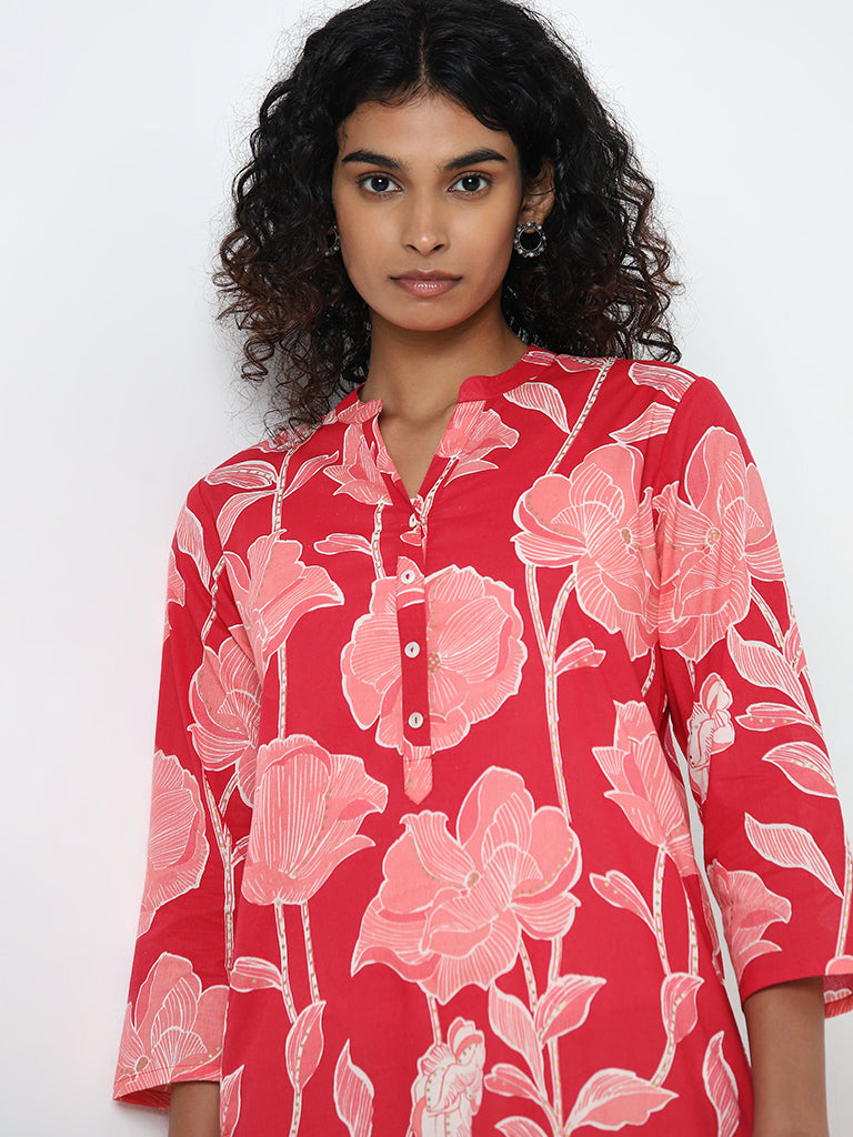 Utsa Pink Floral-Printed A-Line Cotton Kurta