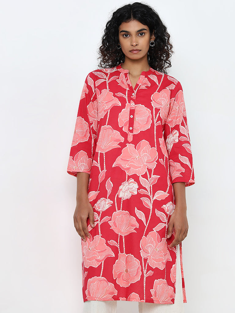 Utsa Pink Floral-Printed A-Line Cotton Kurta