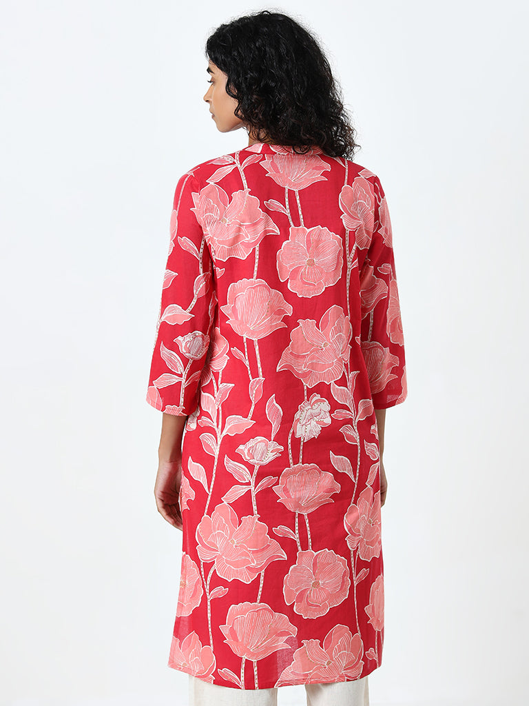 Utsa Pink Floral-Printed A-Line Cotton Kurta