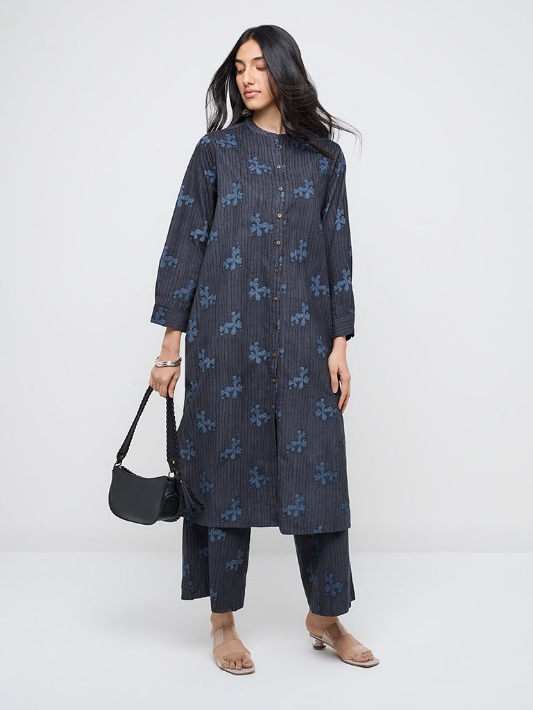 Utsa Indigo Floral Printed Corduroy Cotton A-Line Kurta