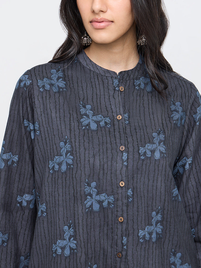 Utsa Indigo Floral Printed Corduroy Cotton A-Line Kurta