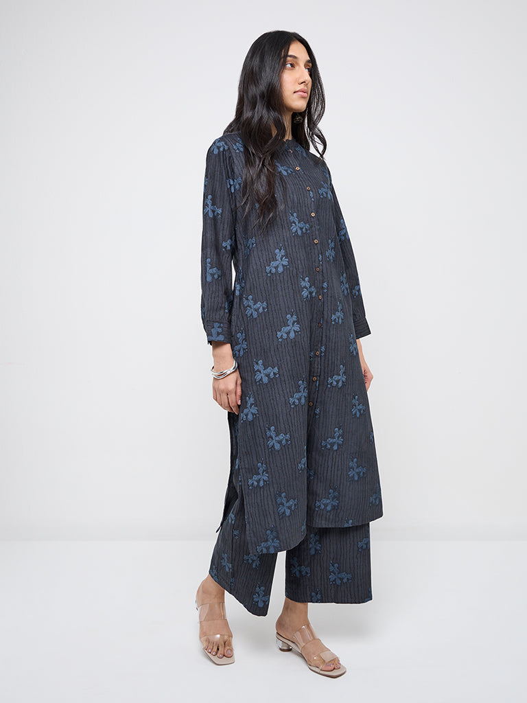 Utsa Indigo Floral Printed Corduroy Cotton A-Line Kurta