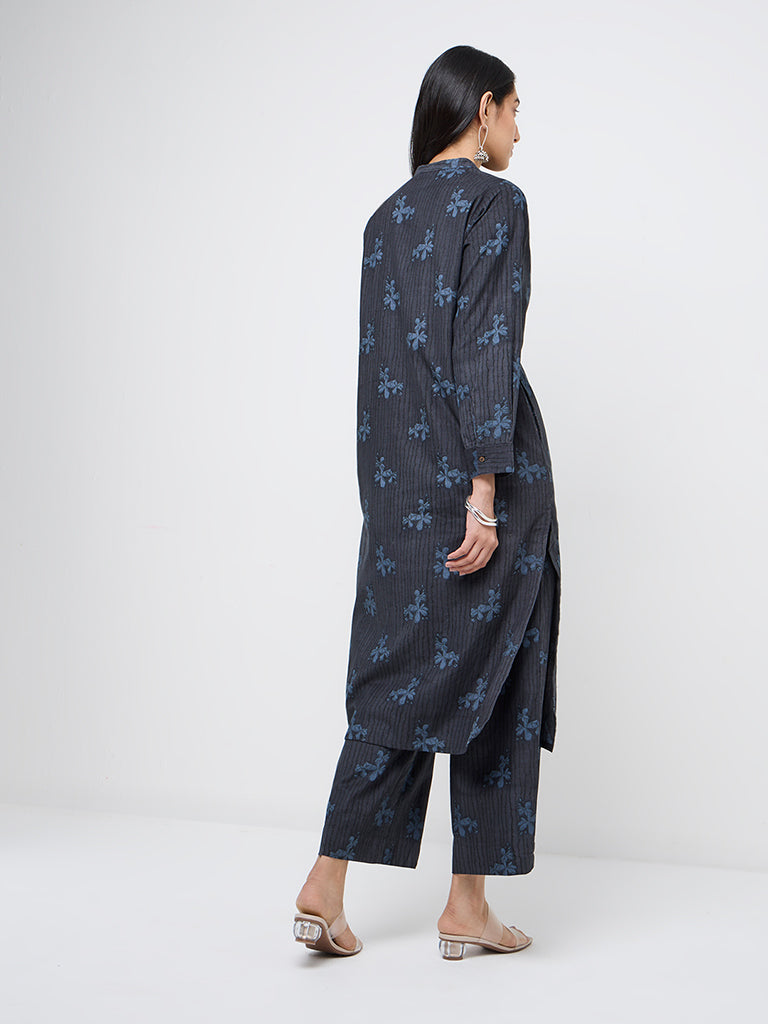 Utsa Indigo Floral Printed Corduroy Cotton A-Line Kurta