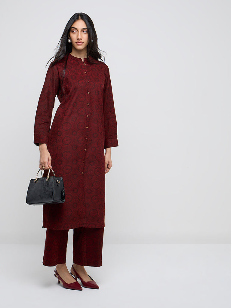 Utsa Rust Printed Corduroy Cotton A-Line Kurta