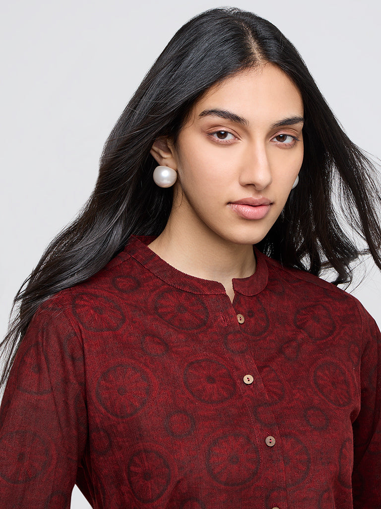 Utsa Rust Printed Corduroy Cotton A-Line Kurta