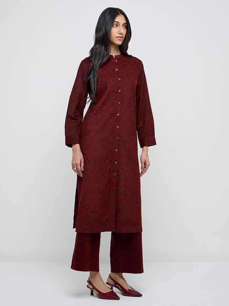 Utsa Rust Printed Corduroy Cotton A-Line Kurta