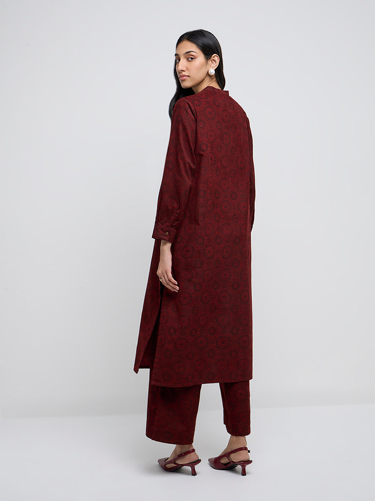 Utsa Rust Printed Corduroy Cotton A-Line Kurta