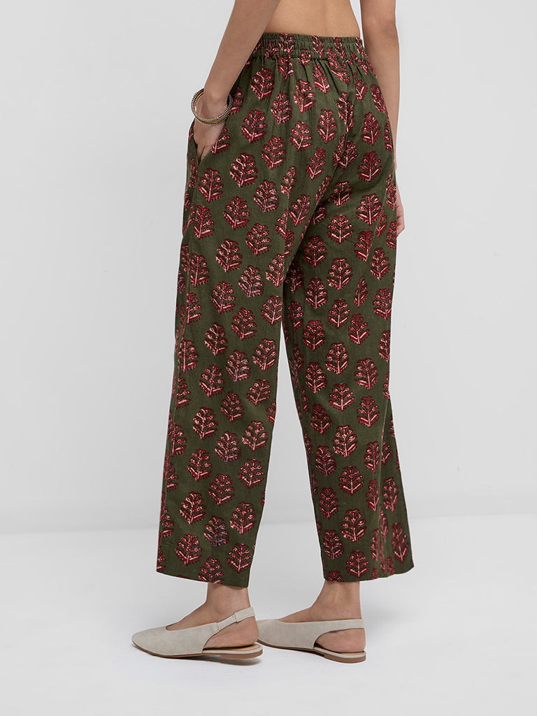 Utsa Olive Corduroy High-Rise Cotton Ethnic Pants