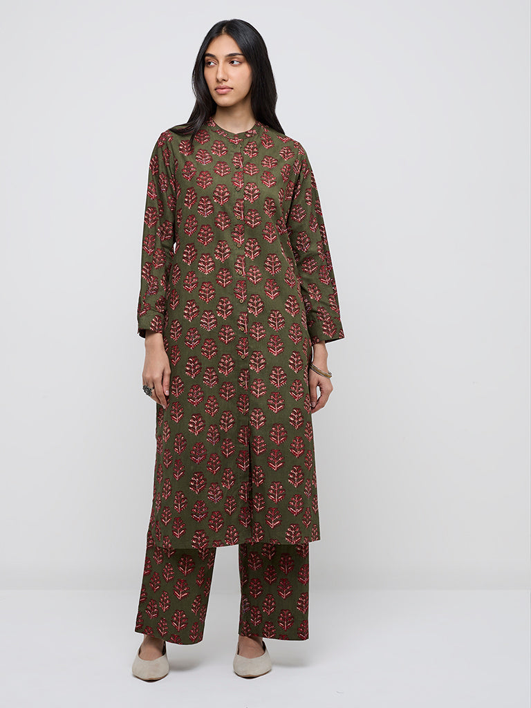 Utsa Olive Corduroy High-Rise Cotton Ethnic Pants