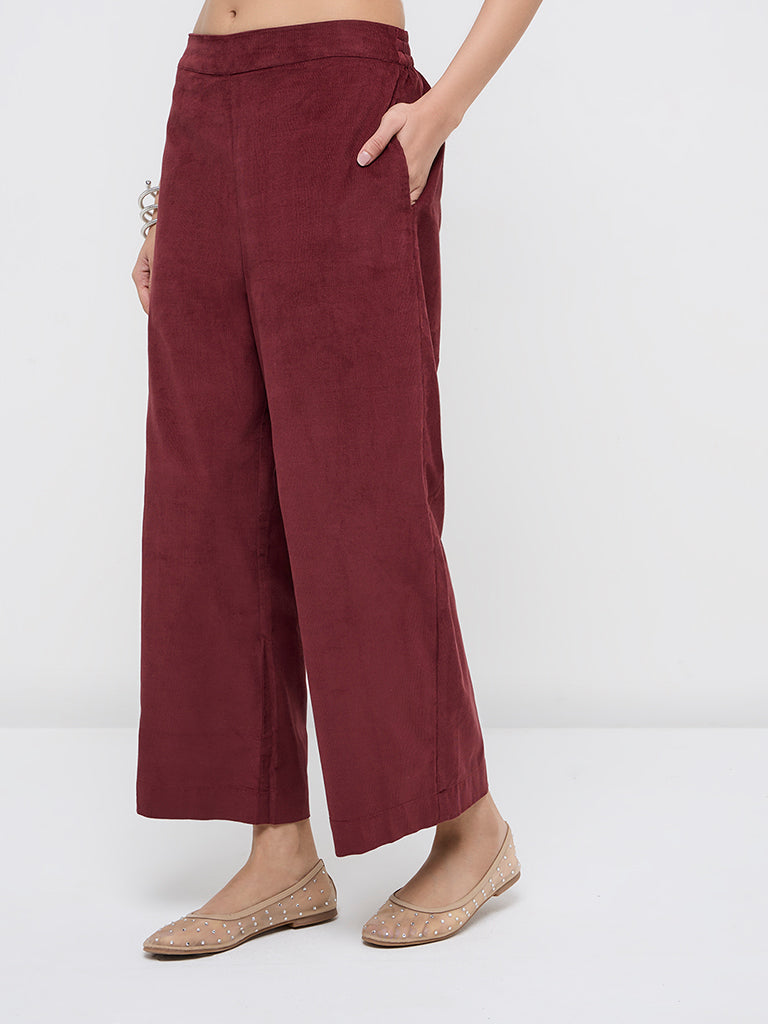 Utsa Rust Solid Corduroy High-Rise Cotton Ethnic Pants