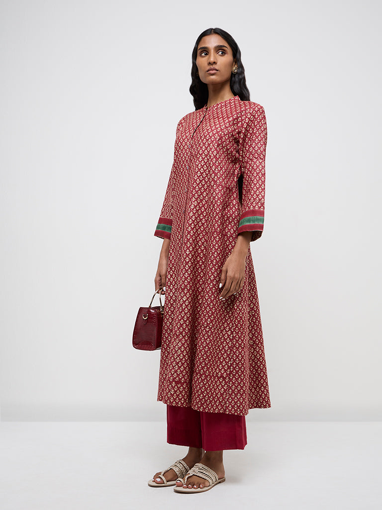 Zuba Red Floral Printed Cotton Blend A-Line Kurta