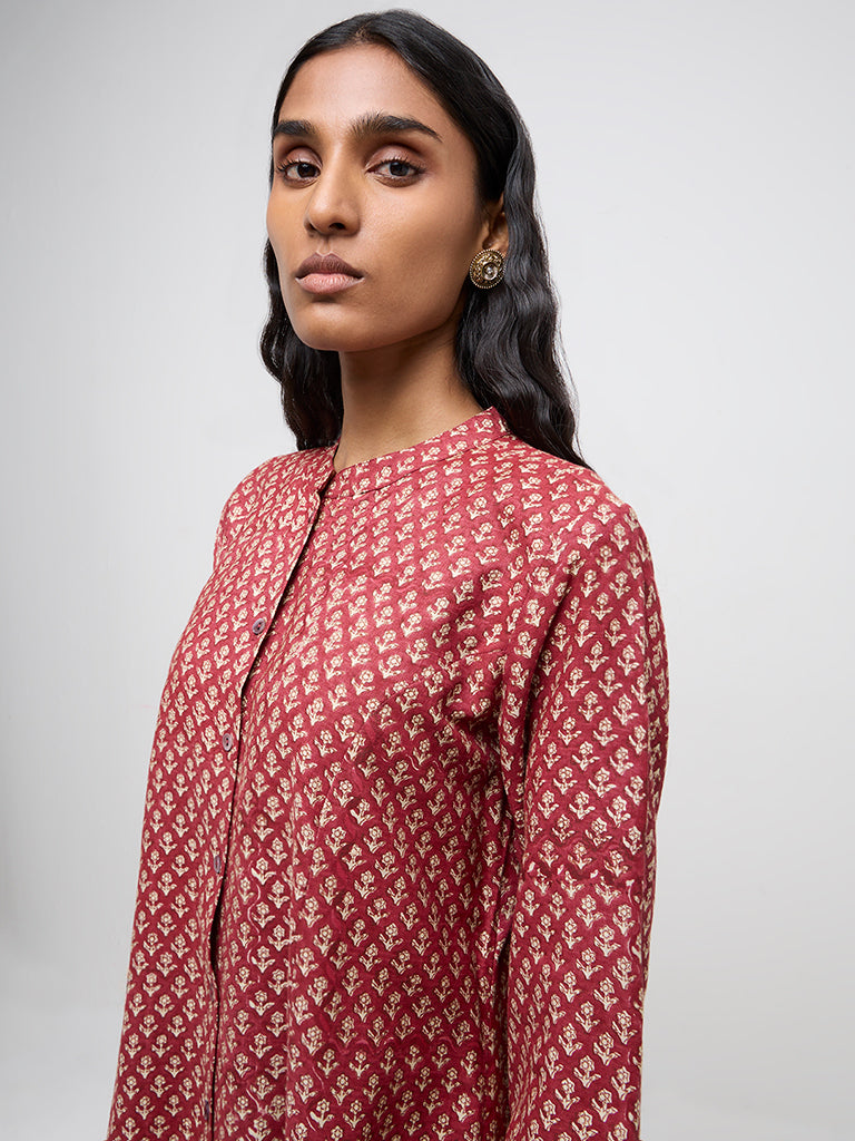 Zuba Red Floral Printed Cotton Blend A-Line Kurta