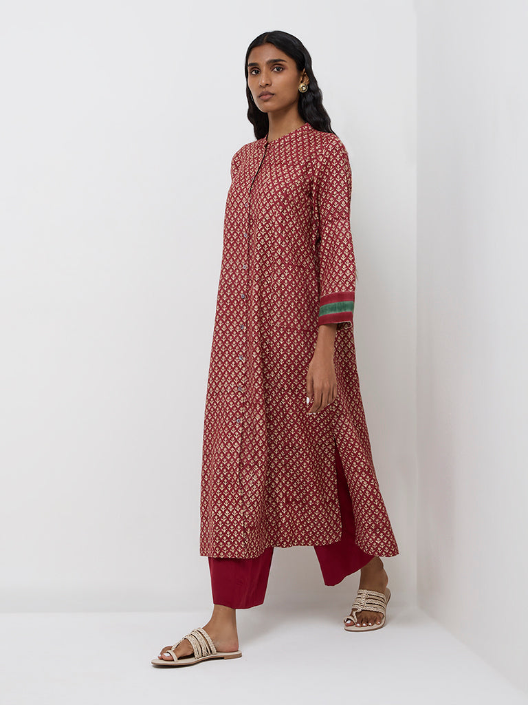 Zuba Red Floral Printed Cotton Blend A-Line Kurta