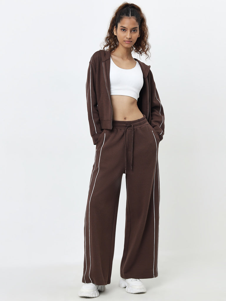 Studiofit Brown Waffle-Texture High-Rise Cotton Track Pants