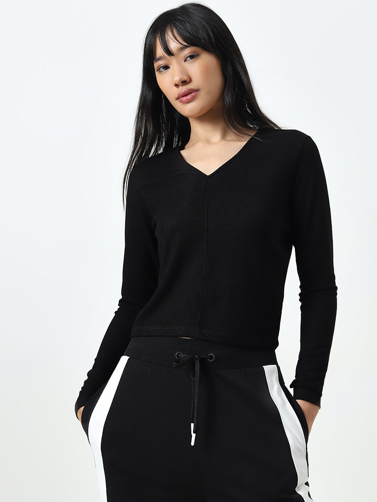 Studiofit Black Ribbed Textured T-Shirt