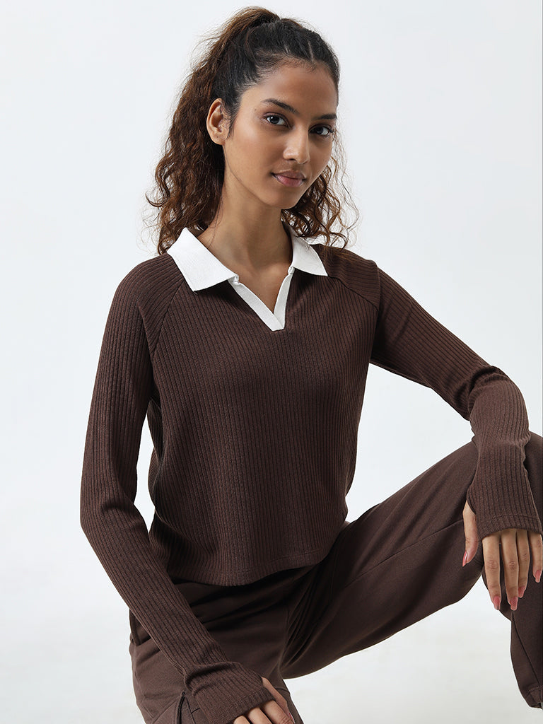 Studiofit Brown Ribbed Textured T-Shirt