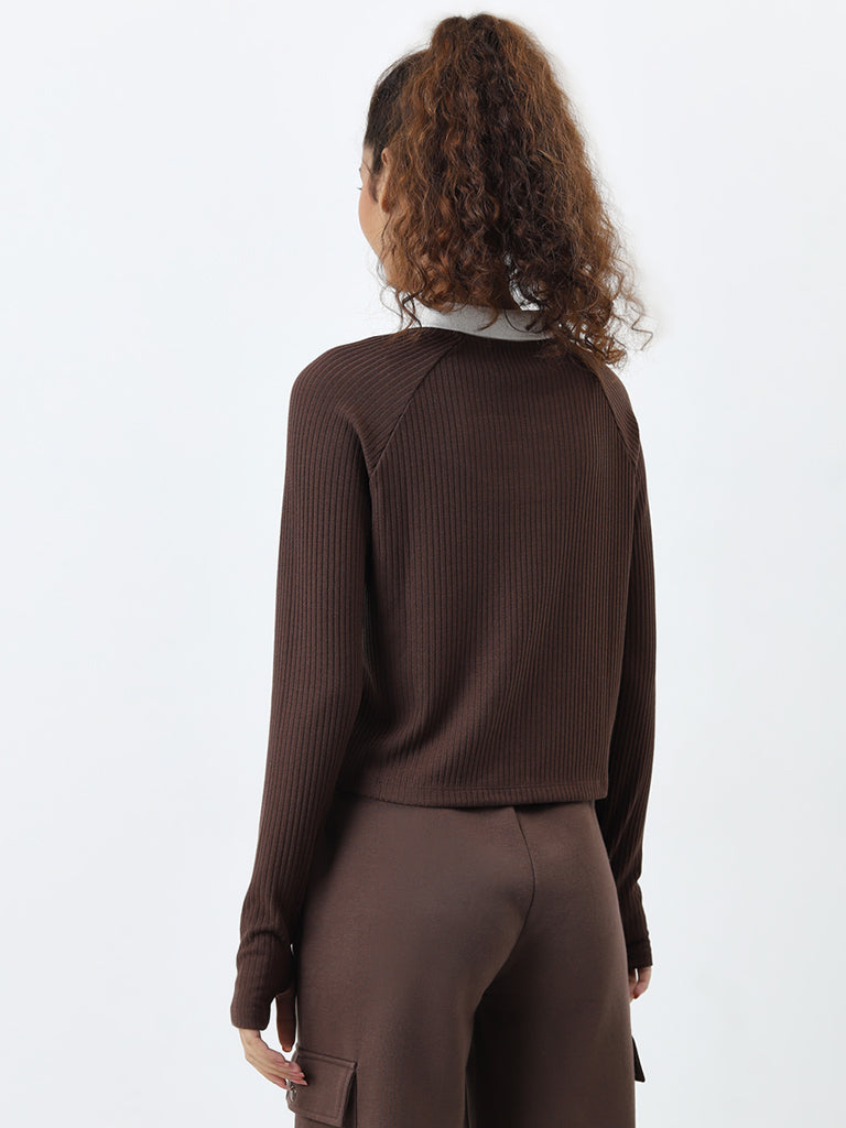 Studiofit Brown Ribbed Textured T-Shirt