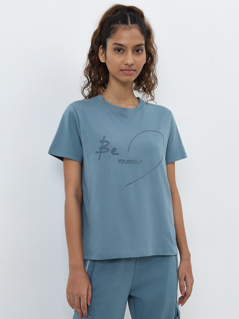 Studiofit Blue Text-Printed Cotton T-Shirt