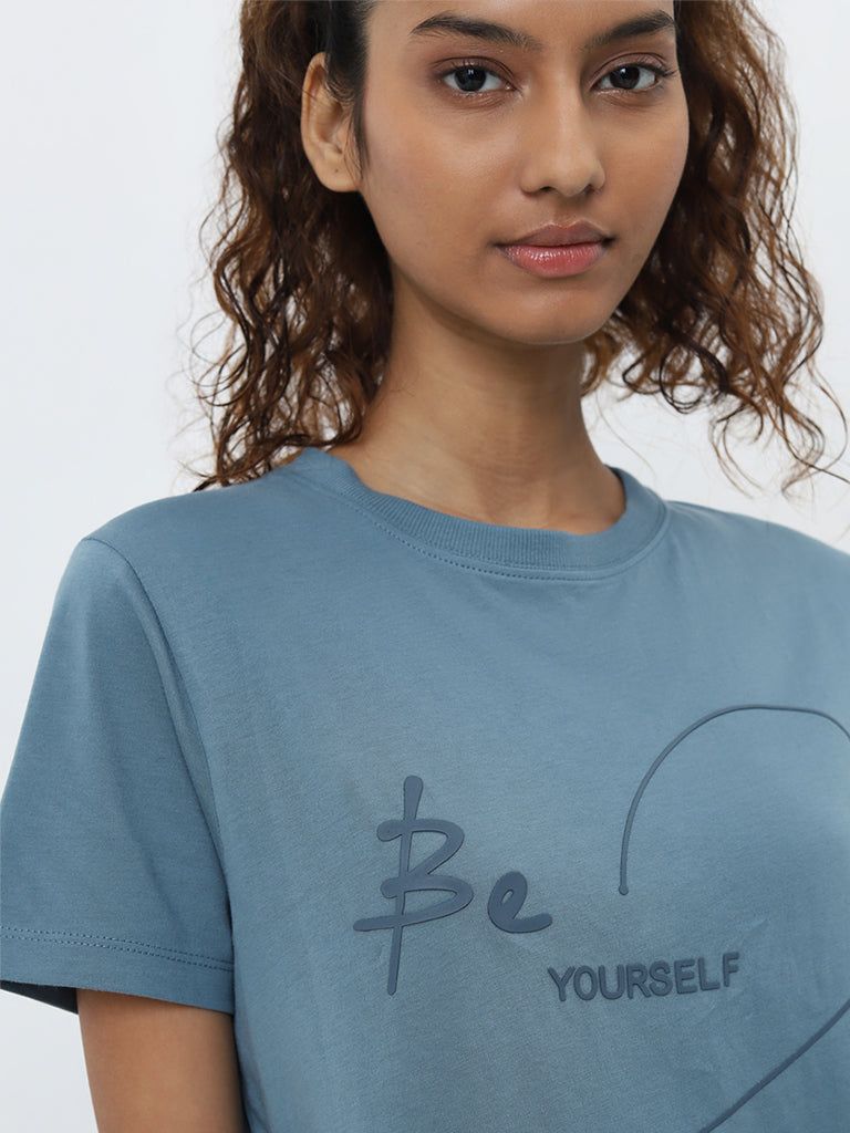 Studiofit Blue Text-Printed Cotton T-Shirt