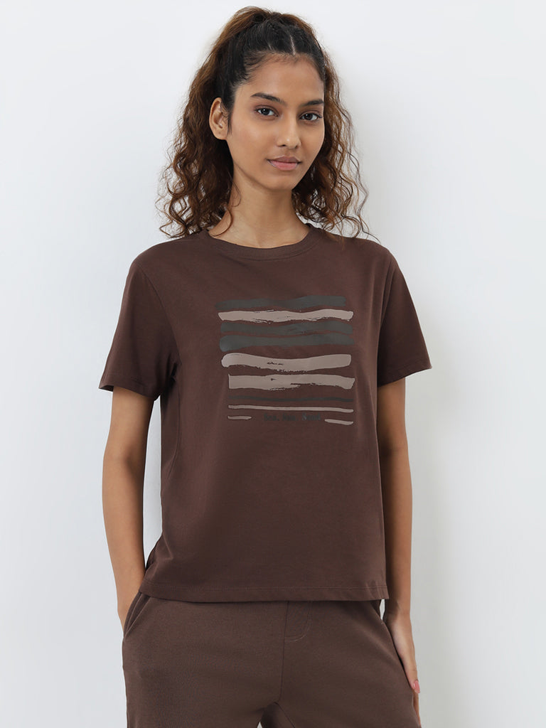 Studiofit Brown Printed Cotton T-Shirt