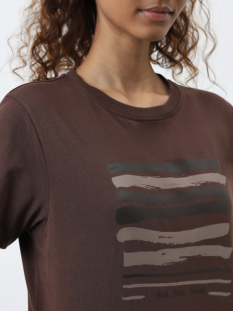 Studiofit Brown Printed Cotton T-Shirt