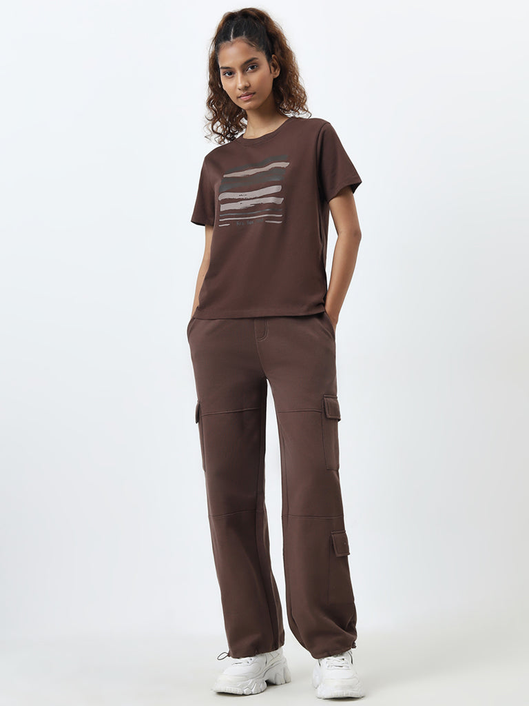 Studiofit Brown Printed Cotton T-Shirt