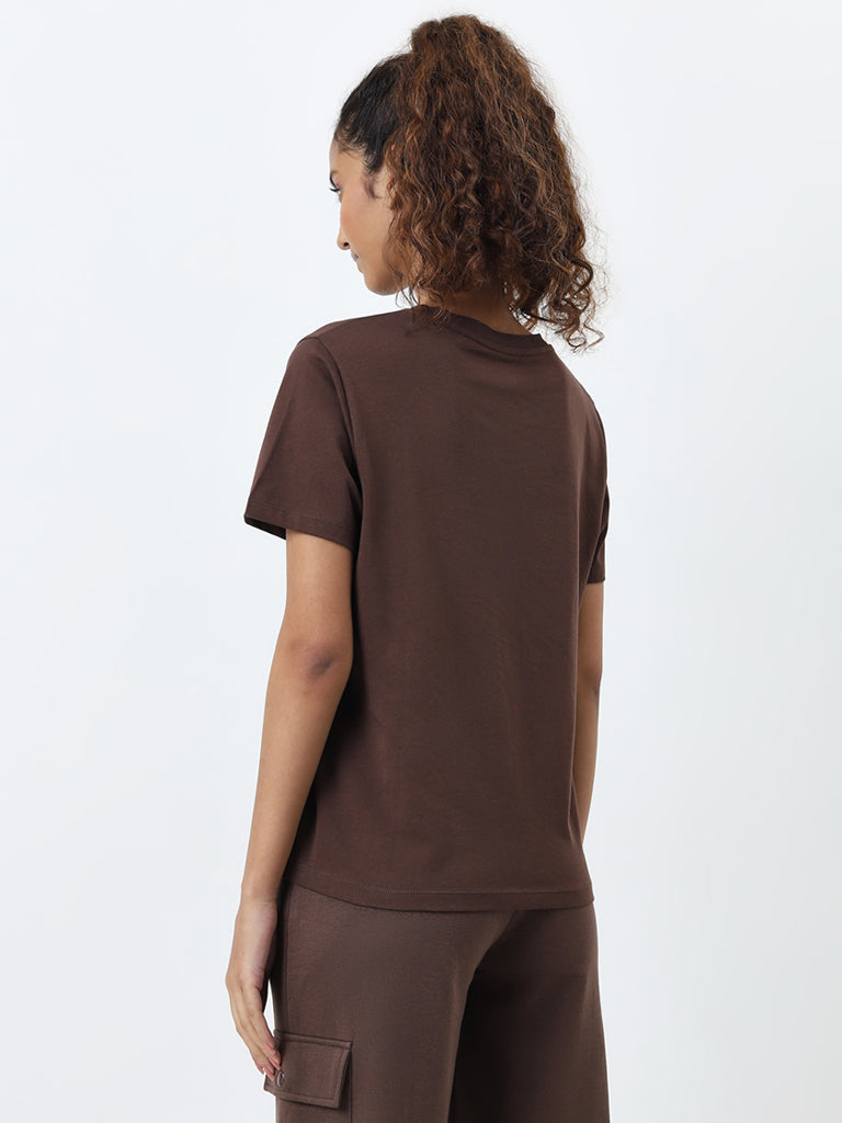 Studiofit Brown Printed Cotton T-Shirt