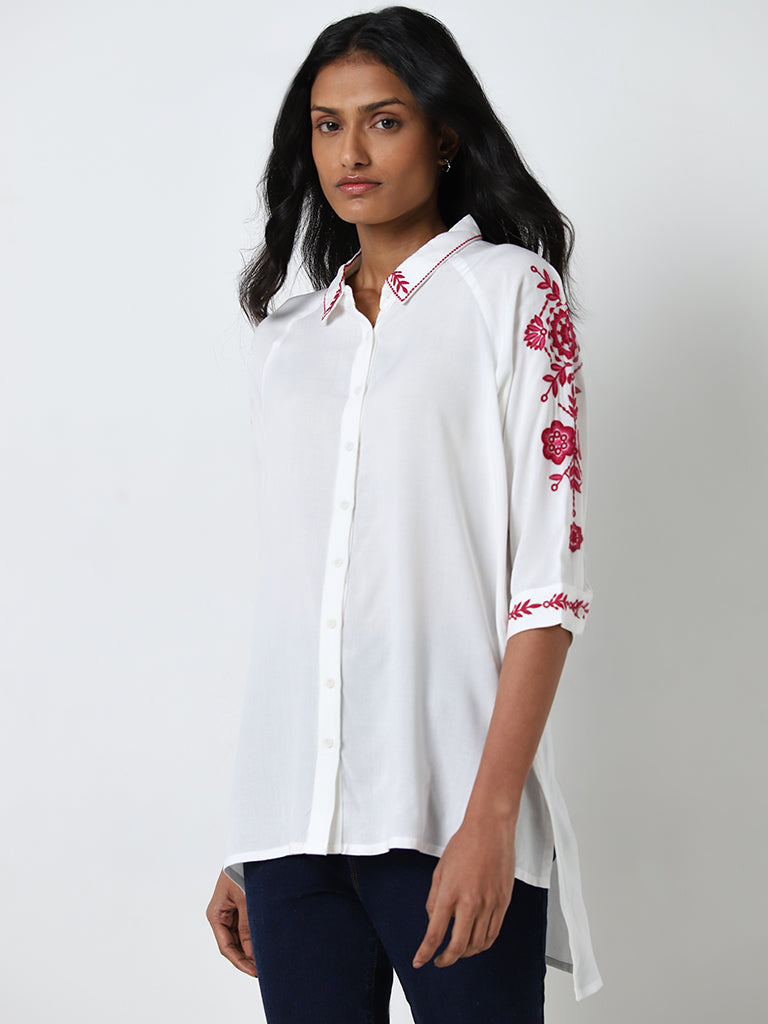 LOV White Floral Embroidered Shirt