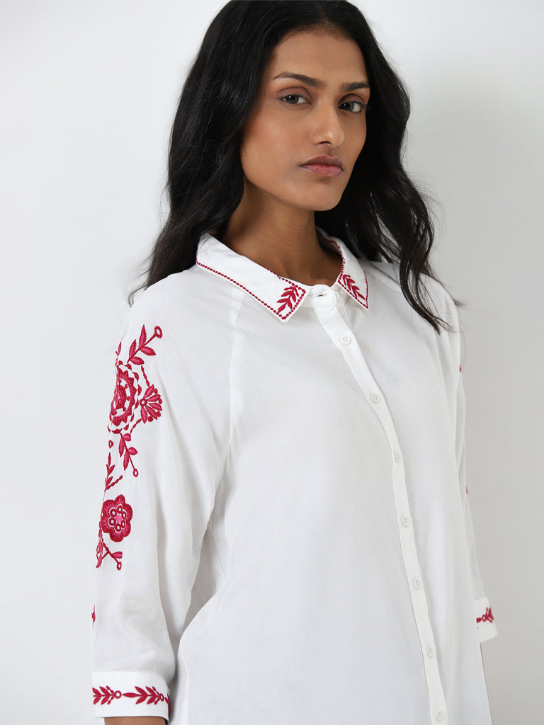 LOV White Floral Embroidered Shirt