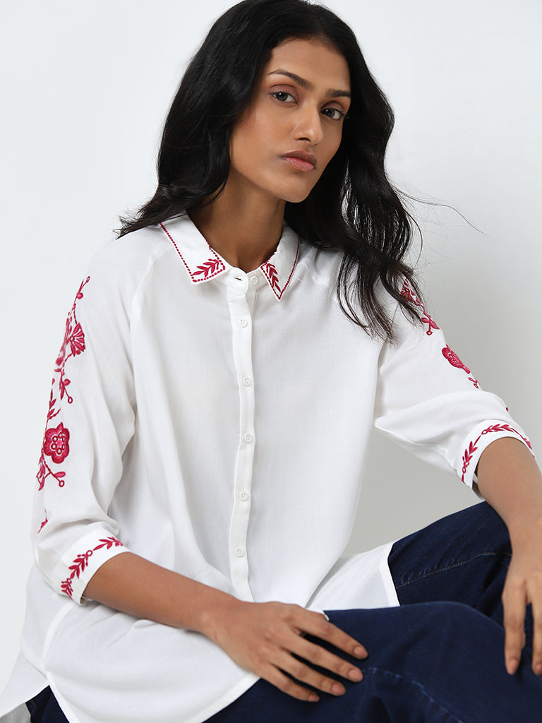 LOV White Floral Embroidered Shirt