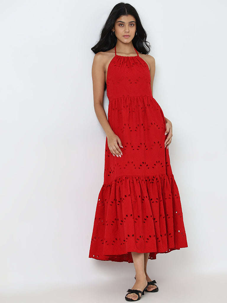 LOV Red Schiffli Detailed Cotton Tiered Dress