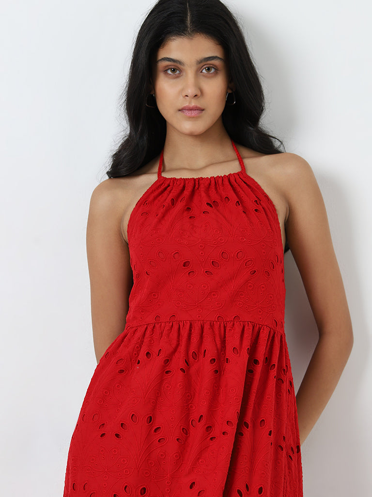 LOV Red Schiffli Detailed Cotton Tiered Dress