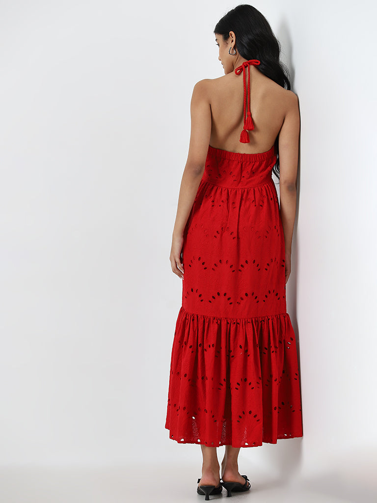 LOV Red Schiffli Detailed Cotton Tiered Dress