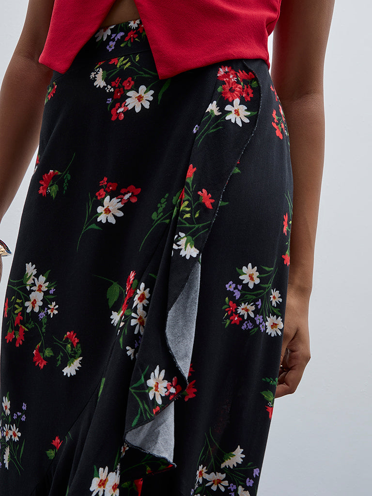 LOV Black Floral Printed High-Rise Cotton Skirt