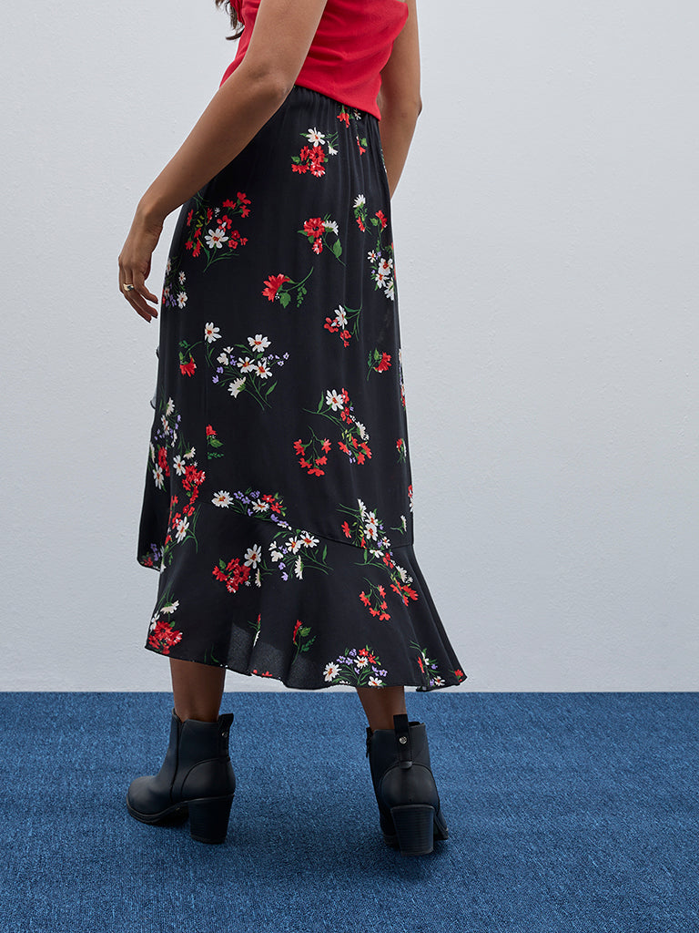 LOV Black Floral Printed High-Rise Cotton Skirt